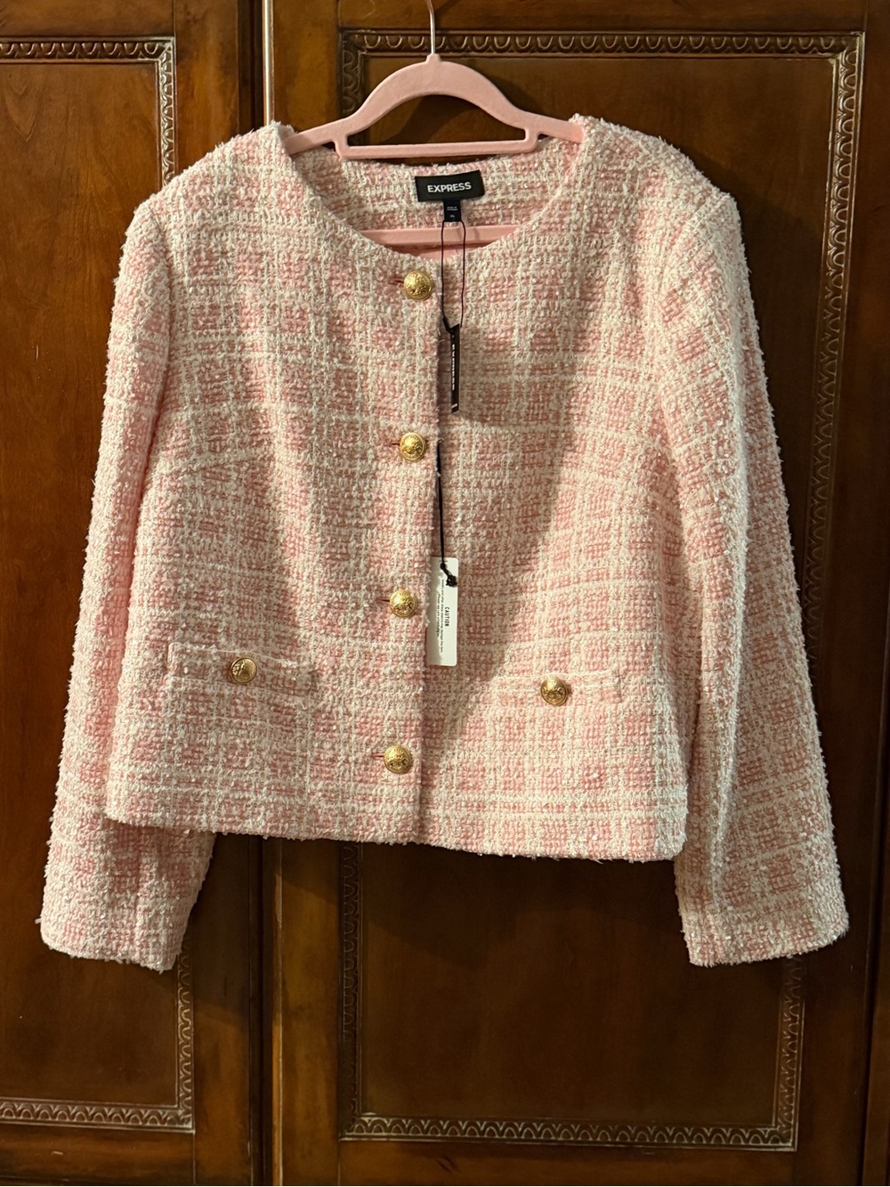 Express Pink Tweed Cropped Blazer with Gold Buttons